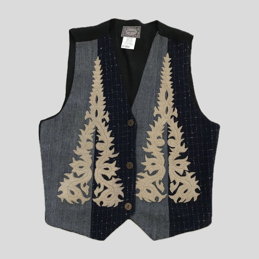 Vintage Blue Beige Wool Cotton Sleeveless Applique Vest Unisex Size M